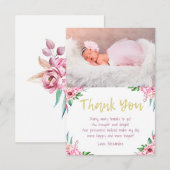Cute Fun Pink Gold Floral Birthday Foto Bedankkaart (Voorkant / Achterkant)