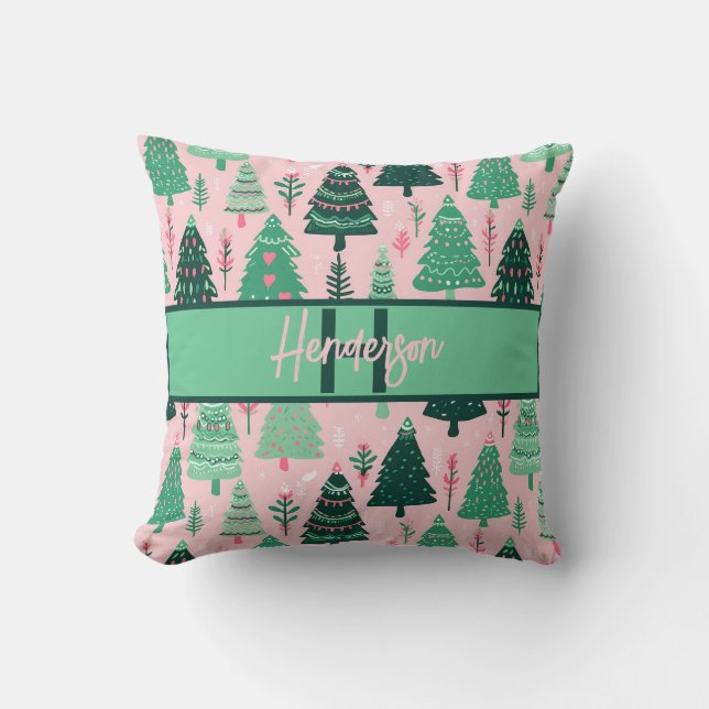Cute Fun Pink & Green Christmas Tree Monogram Kussen (Voorkant)