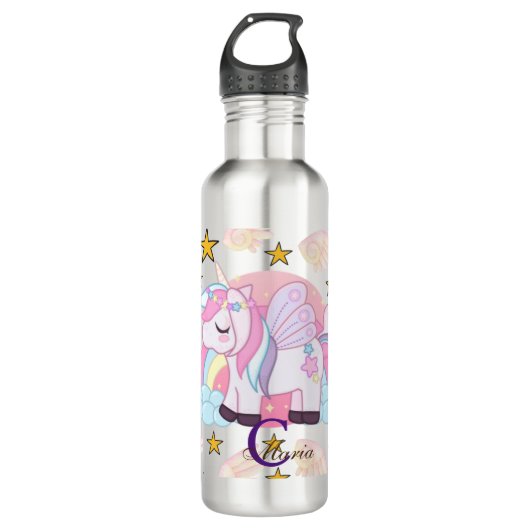 Cute Fun Pink Paars Gold Star Unicorn Naam Waterfles (Voorkant)