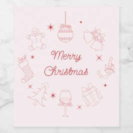 Cute Fun Pink Red Hand Drawn Christmas Wijn Etiket