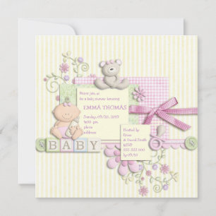 Cute Fun Retro Scrapbook Baby shower Girl Invites Kaart