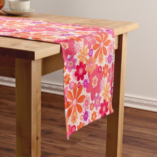 Cute Fun Retro Style Floral Pattern Pink Oranje Korte Tafelloper (Voorbeeld)