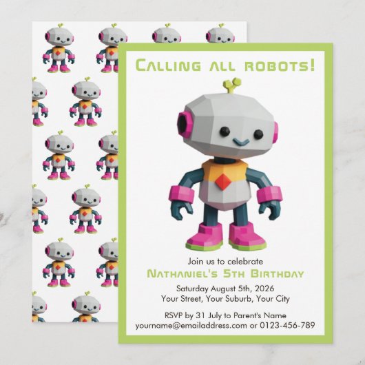 Cute Fun Robot Kid's Birthday Kaart (Voorkant / Achterkant)