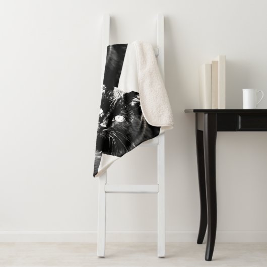 Cute Funky Black Cat Kitten Eyes Sketch Sherpa Deken (In situ)