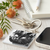 Cute Funky Black Cat Kitten Eyes Sketch Sleutelhanger (Voorkant Rechts)