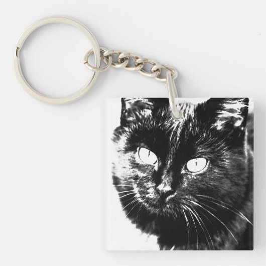 Cute Funky Black Cat Kitten Eyes Sketch Sleutelhanger (voorkant)