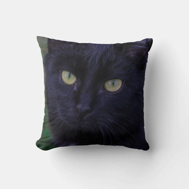 Cute Funky Black Cat Kitten Yellow Eyes Kussen (Voorkant)