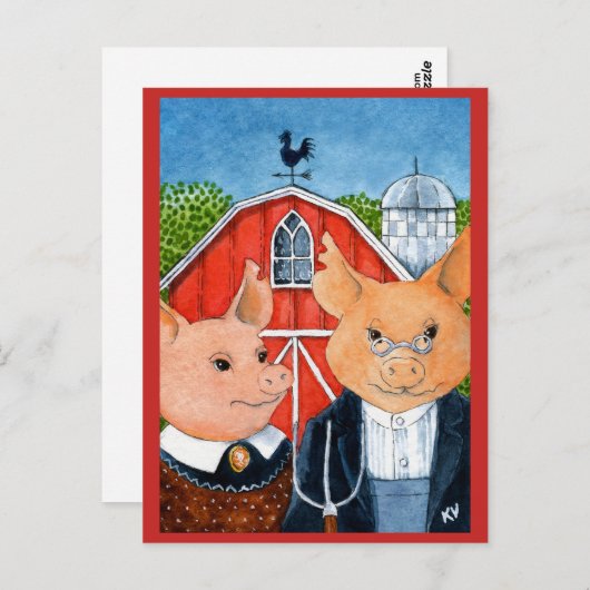 Cute Funny American Gothic spoof pig boerderij bri Briefkaart (Voorkant / Achterkant)