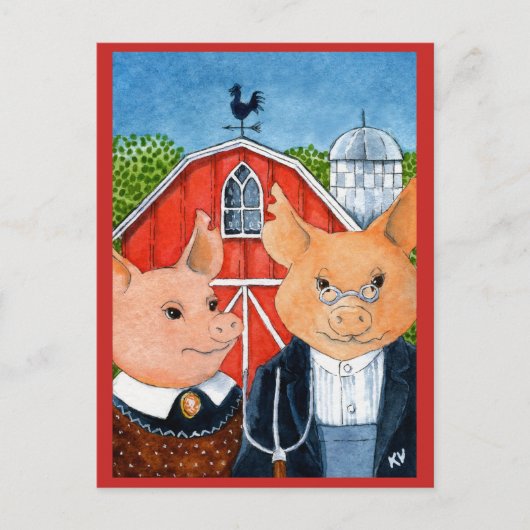Cute Funny American Gothic spoof pig boerderij bri Briefkaart (Voorkant)