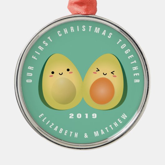 Cute Funny Avocado Couple First Kerstmis samen Metalen Ornament (Voorkant)