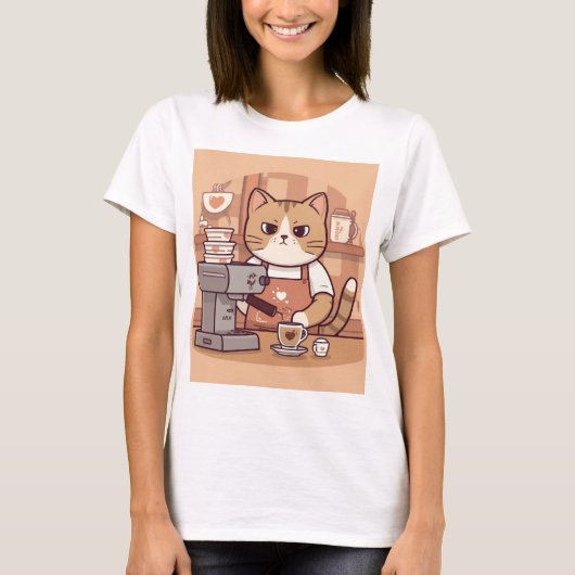 Cute Funny Barista Cat with Coffee T-shirt (Voorkant)