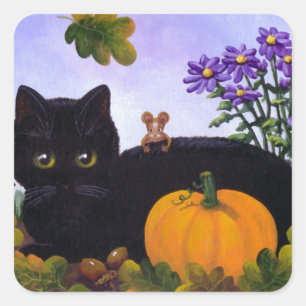 Cute Funny Black Cat Mouse Herfst Gift Creationart Vierkante Sticker