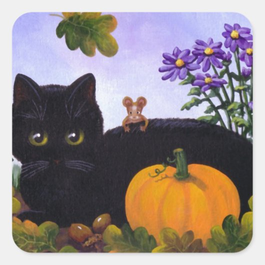 Cute Funny Black Cat Mouse Herfst Gift Creationart Vierkante Sticker (Voorkant)