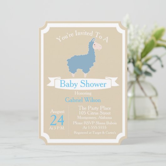 Cute Funny Blue Llama Baby Boy Baby shower Kaart (Staand voorkant)