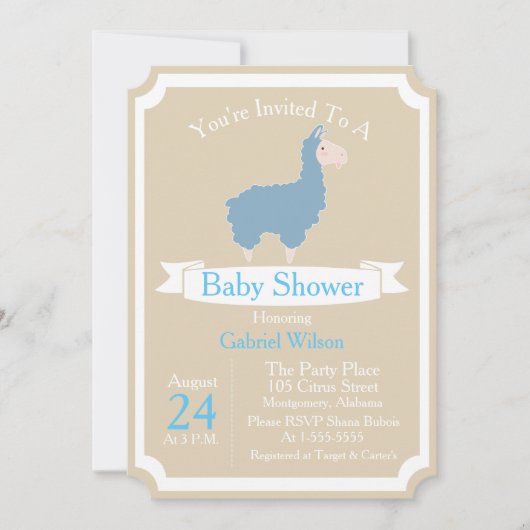 Cute Funny Blue Llama Baby Boy Baby shower Kaart (Voorkant)