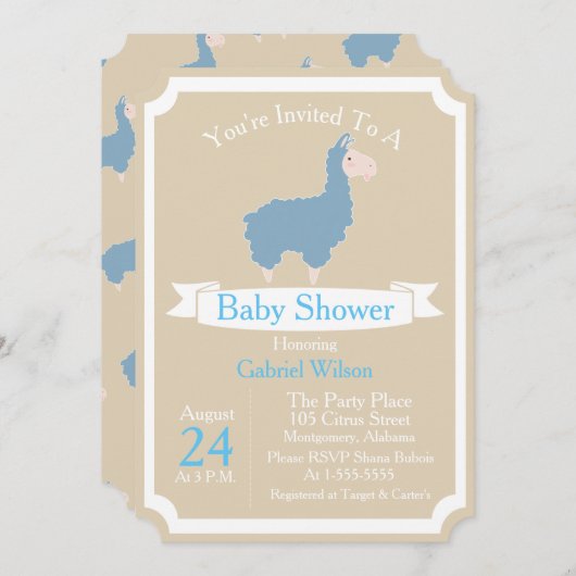 Cute Funny Blue Llama Baby Boy Baby shower Kaart (Voorkant / Achterkant)