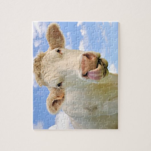 Cute Funny Boerderij Charolais Koe Licking Nose Legpuzzel (Verticaal)