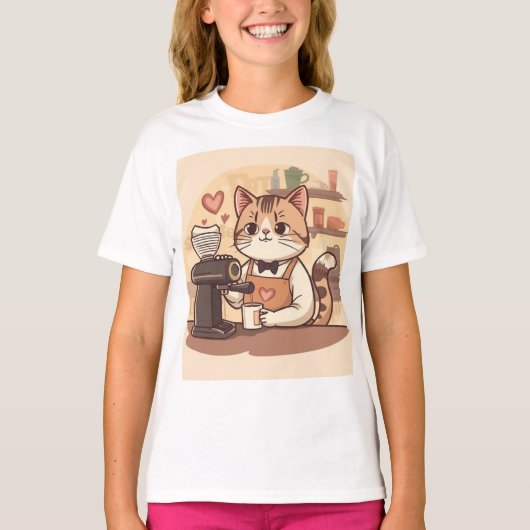 Cute Funny Cartoon Barista Cat Kid's T-shirt (Voorkant)