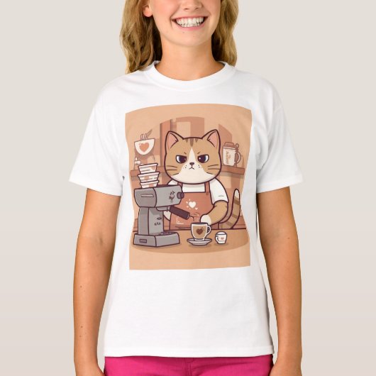 Cute Funny Cartoon Barista Cat Kid's T-shirt (Voorkant)