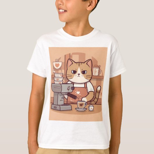 Cute Funny Cartoon Barista Cat Kid's T-shirt (Voorkant)