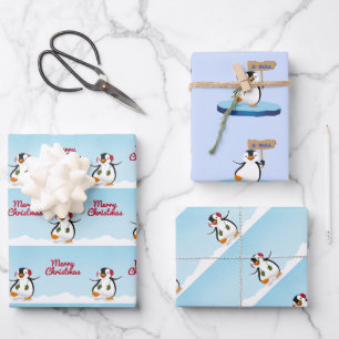 Cute Funny Cartoon Penguin Merry Kerstmis Inpakpapier Vel
