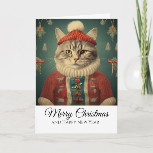 Cute Funny Cat in Costume Merry Christmas  Kaart (Voorkant)
