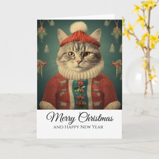Cute Funny Cat in Costume Merry Christmas  Kaart (Gele Bloem)