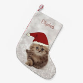 Cute Funny Cat met Santa Hat, Glittery Bokeh Kleine Kerstsok (Voorkant (Hangend))