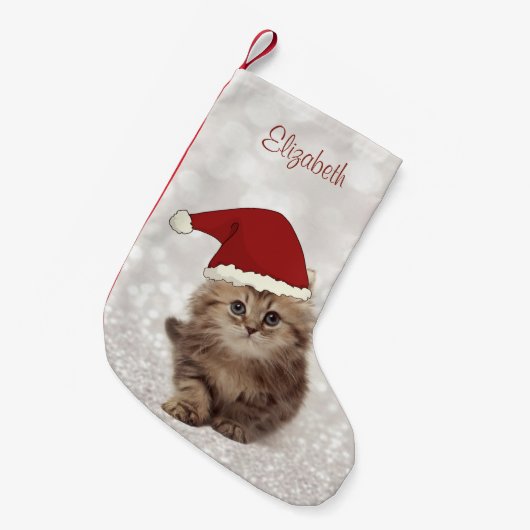 Cute Funny Cat met Santa Hat, Glittery Bokeh Kleine Kerstsok (Voorkant (Hangend))
