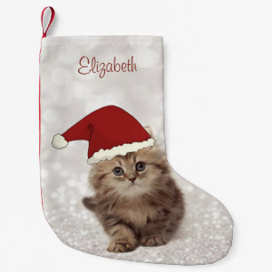 Cute Funny Cat met Santa Hat, Glittery Bokeh Kleine Kerstsok