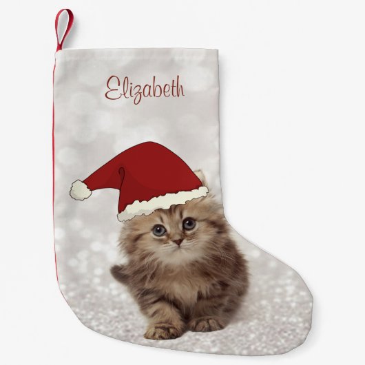 Cute Funny Cat met Santa Hat, Glittery Bokeh Kleine Kerstsok (Voorkant)