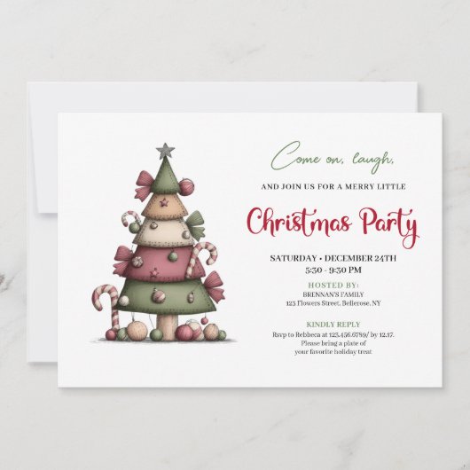Cute Funny Christmas Tree Cartoon Party Invitation Kaart (Voorkant)