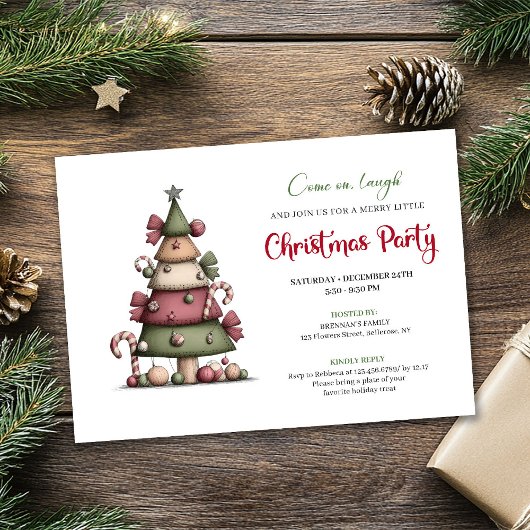 Cute Funny Christmas Tree Cartoon Party Invitation Kaart