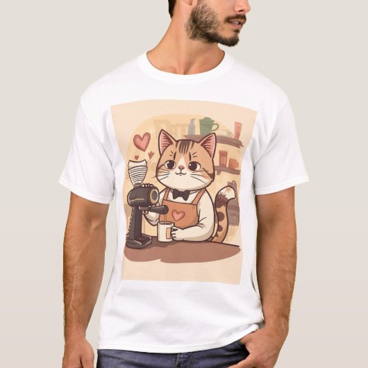 Cute Funny Cozy Barista Cat & Coffee T-shirt (Voorkant)