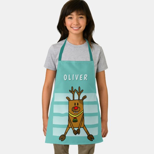 Cute Funny Deer Drawing Green Kerstnaam Kinder Schort (Insitu)