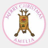 Cute Funny Deer Kerstmis Kind Name Gift Label (Voorkant)