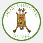 Cute Funny Deer Kerstmis Kind Name Gift Label (Voorkant)