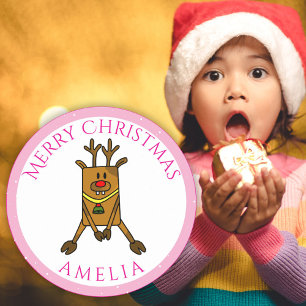 Cute Funny Deer Kerstmis Kind Name Gift Label