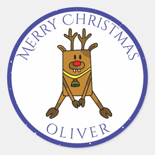 Cute Funny Deer Kerstmis Kind Name Gift Label (Voorkant)