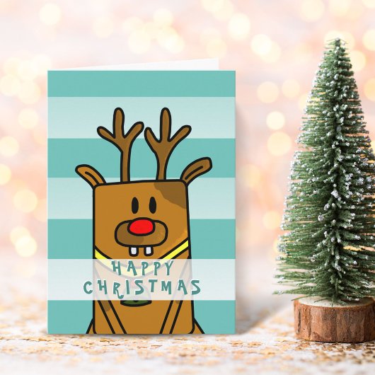 Cute Funny Deer Reindeer Drawing Happy Kerstmis Kaart