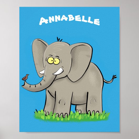 Cute funny elephant with bird on trunk cartoon poster (Voorkant)