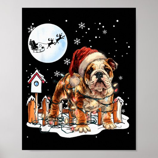 Cute Funny English Bulldog Christmas Lights Santa Poster (Voorkant)