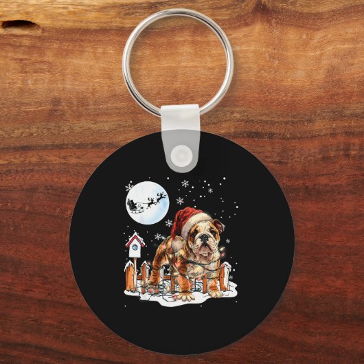 Cute Funny English Bulldog Christmas Lights Santa Sleutelhanger (Voorkant)