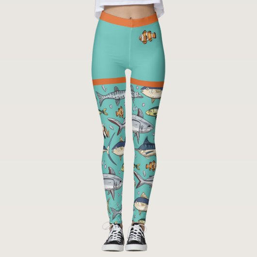 Cute Funny Fish Swimming Beach Mural Aquarium Leggings (Voorkant)