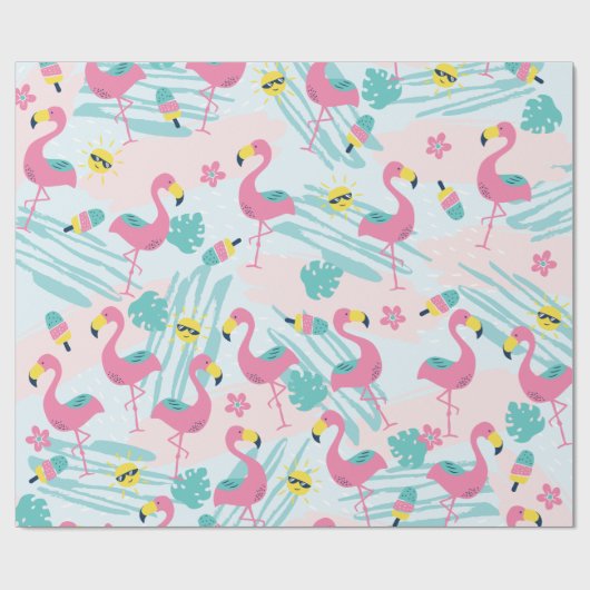Cute Funny Flamingo Mint Green Tropical Pattern Cadeaupapier (Vlak)