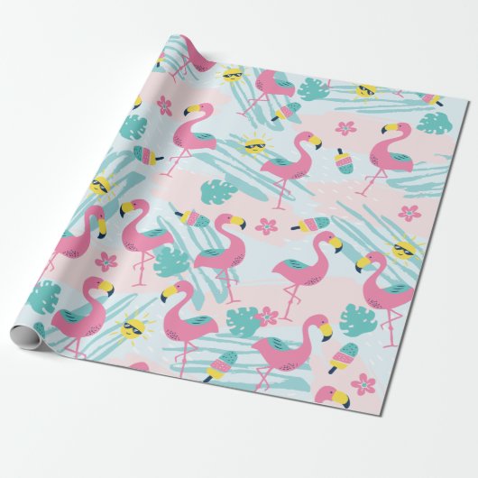 Cute Funny Flamingo Mint Green Tropical Pattern Cadeaupapier (Uitgerold)
