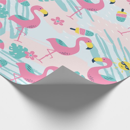 Cute Funny Flamingo Mint Green Tropical Pattern Cadeaupapier (Hoek)