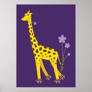 Cute Funny Giraffe Roller Skating Kinder Poster