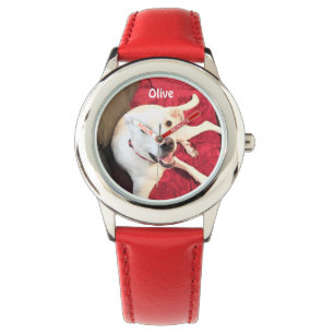 Cute Funny glimlachend Happy White Puppy Dog Red Horloge