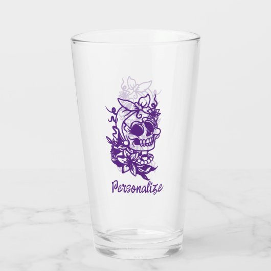Cute Funny Gothic Skull Flowers Paars personaliser Glas (Achterkant)